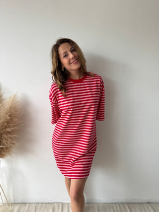 Pink red striped t-shirt dress