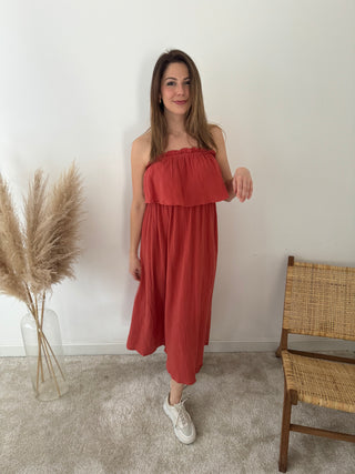 Rust strapless tetra dress