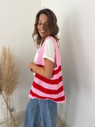 Red pink crochet beach bag