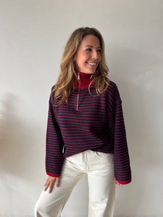 Navy red striped zipper knit