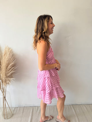 Polka dot pink ruffled dress