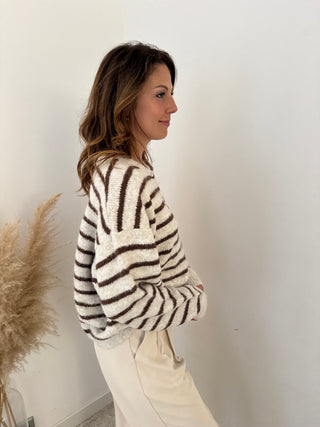 Beige brown striped button knit