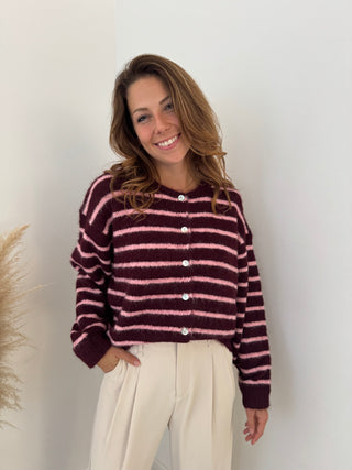 Burgundy pink striped button knit
