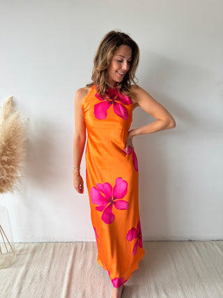 Fuchsia flowers orange dress