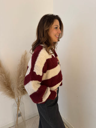Burgundy beige striped button scarf knit