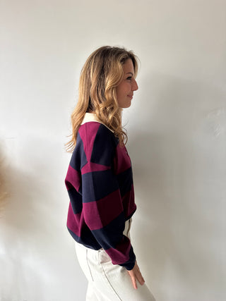 Navy burgundy striped polo sweater