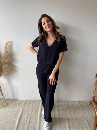Navy open back linen jumpsuit