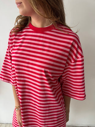 Pink red striped t-shirt dress