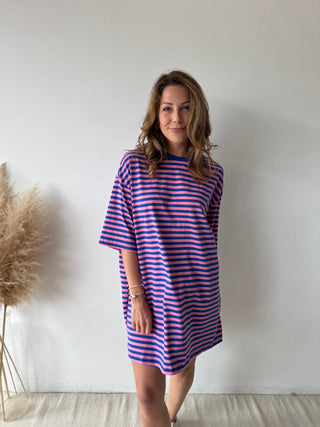 Pink blue striped t-shirt dress
