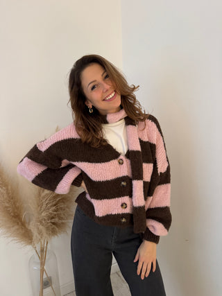 Brown pink striped button scarf knit