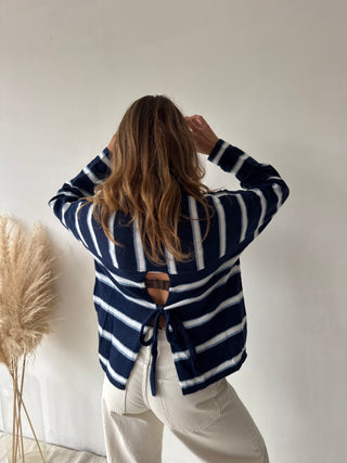 Navy striped knot back knit