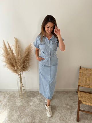 Blue denim maxi dress