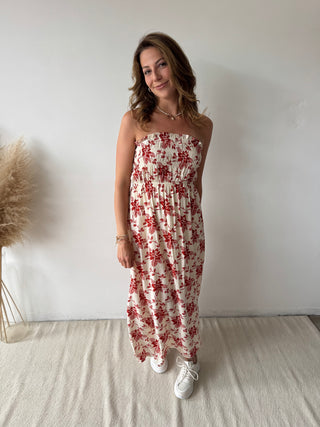 Red flowers strapless dress