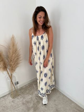 Blue flowers beige dress