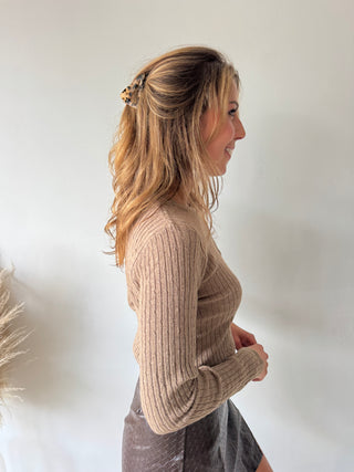Soft taupe ribbed knit top