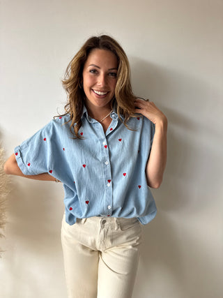 Red hearts denim blouse