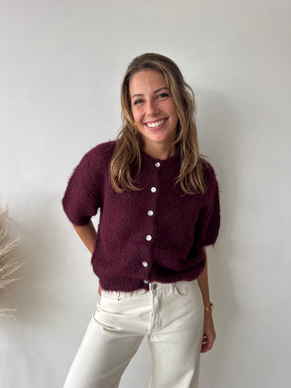 Burgundy short sleeves button knit