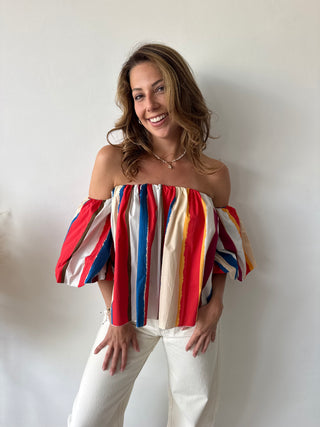 Red blue striped strapless top