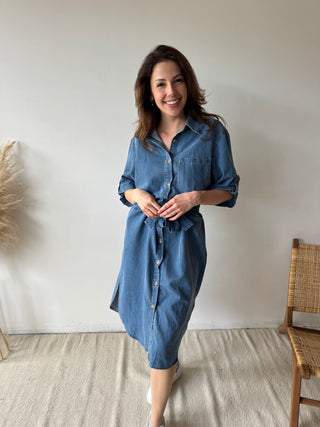 Blue denim midi dress