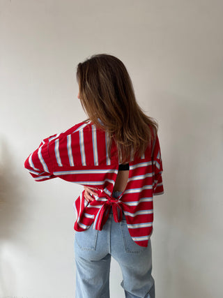 Knot back red blue striped top