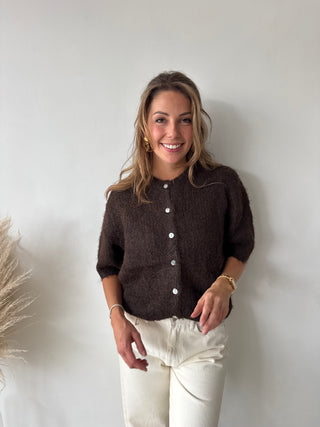 Brown short sleeves button knit
