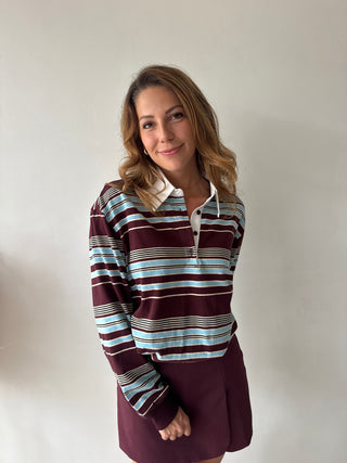 Burgundy blue striped polo