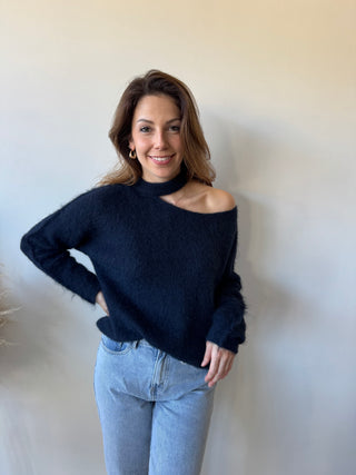 Navy open shoulder soft knit