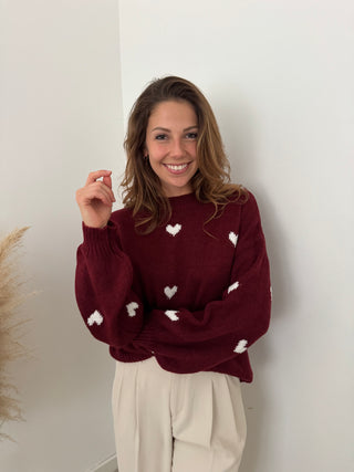 White hearts burgundy knit