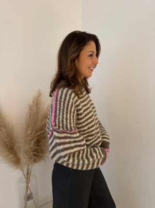 Pink details taupe striped knit