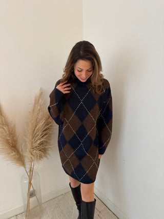 Navy brown argyle sweater dress