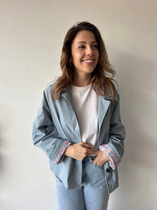 Flower detail blue trench jacket