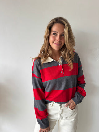 Red grey striped polo sweater