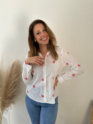 Pink daisies white blouse