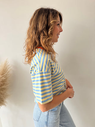 Orange detail blue t-shirt