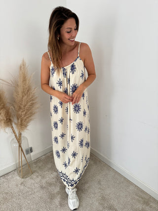Blue flowers beige dress