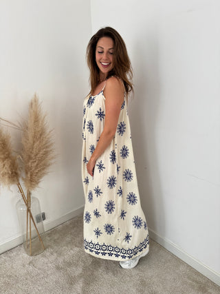 Blue flowers beige dress