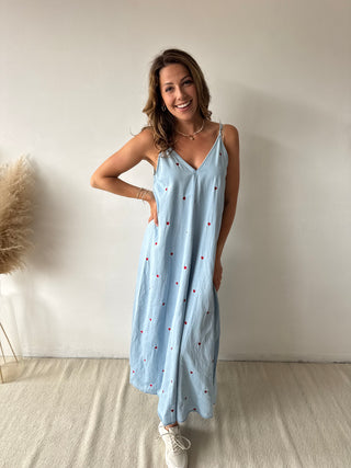 Red hearts blue denim dress