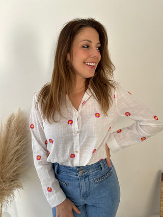 Pink daisies white blouse