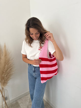 Red pink crochet beach bag