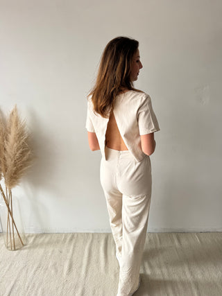 Beige open back linen jumpsuit