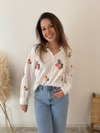 Colorful flowers white blouse