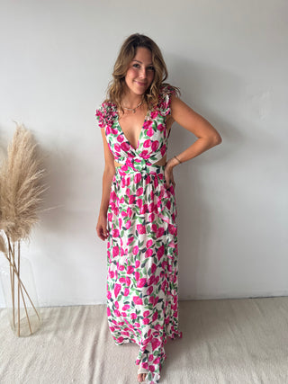 Pink flowers ruffled maxi dress