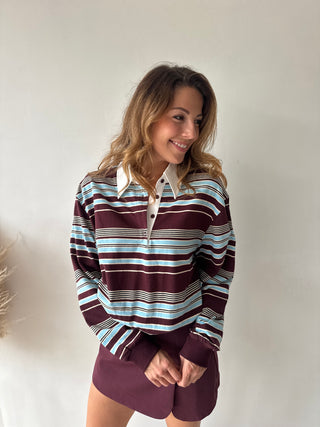 Burgundy blue striped polo