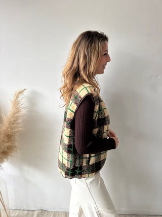 Green detail brown checked vest