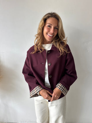 Burgundy checked trench jacket