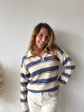 Blue brown striped beige knit