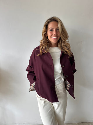 Burgundy checked trench jacket