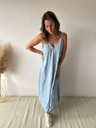 Red hearts blue denim dress