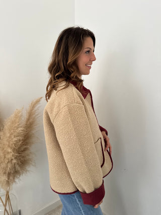 Burgundy details beige jacket