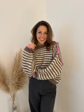 Pink details taupe striped knit